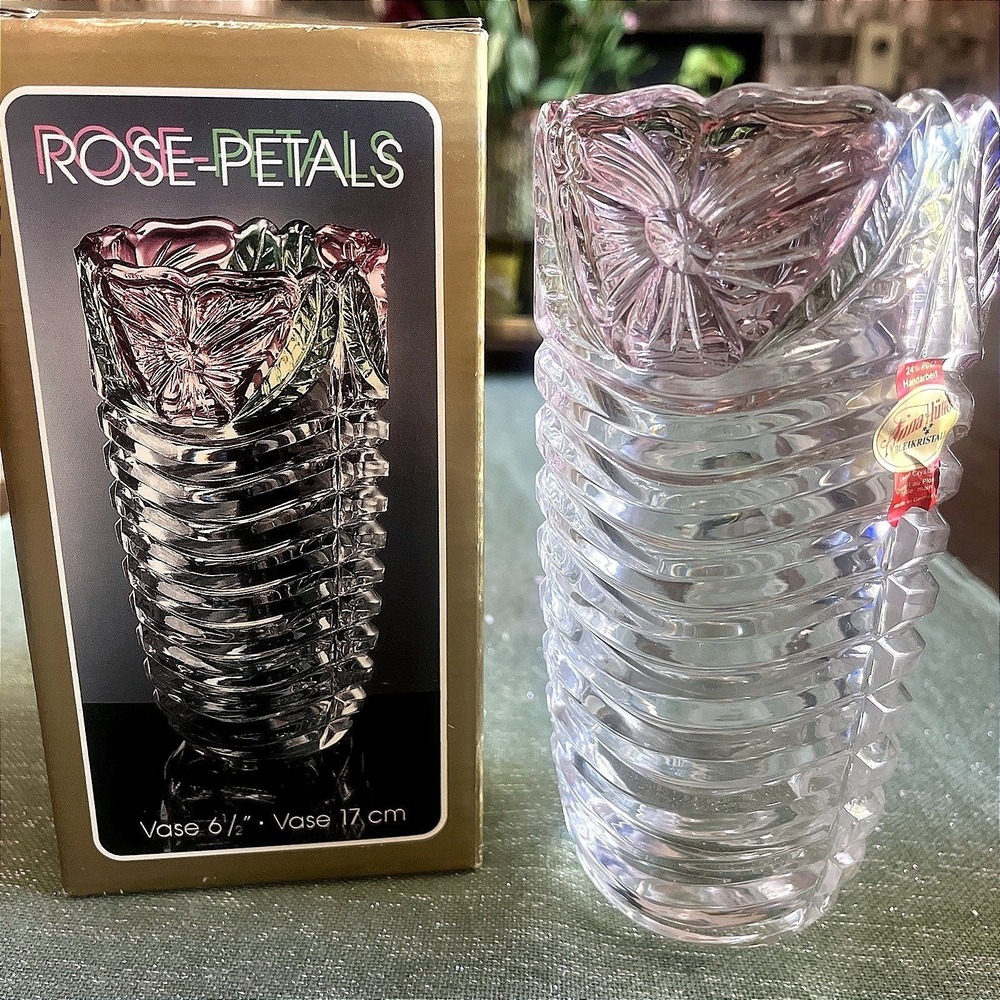 Anna Hutte 24% Lead Crystal Hand Painted Rose Crystal Vase~Germany Vintage